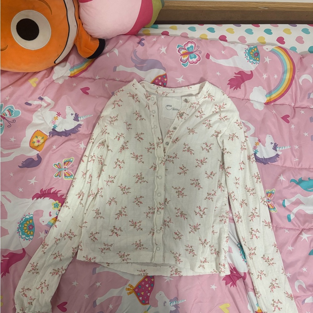 Aerie White and Pink Floral Button-Down Shirt